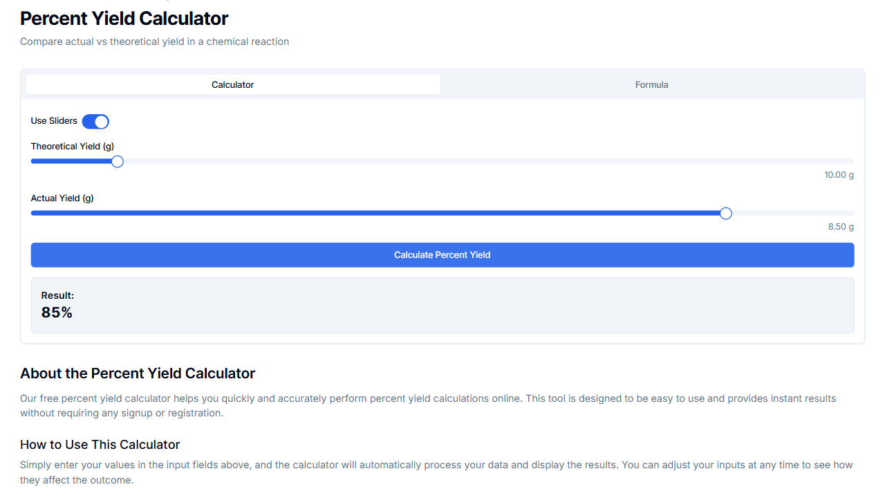 Free Percent Yield Calculator | Easy Online Chemistry Tool | Free